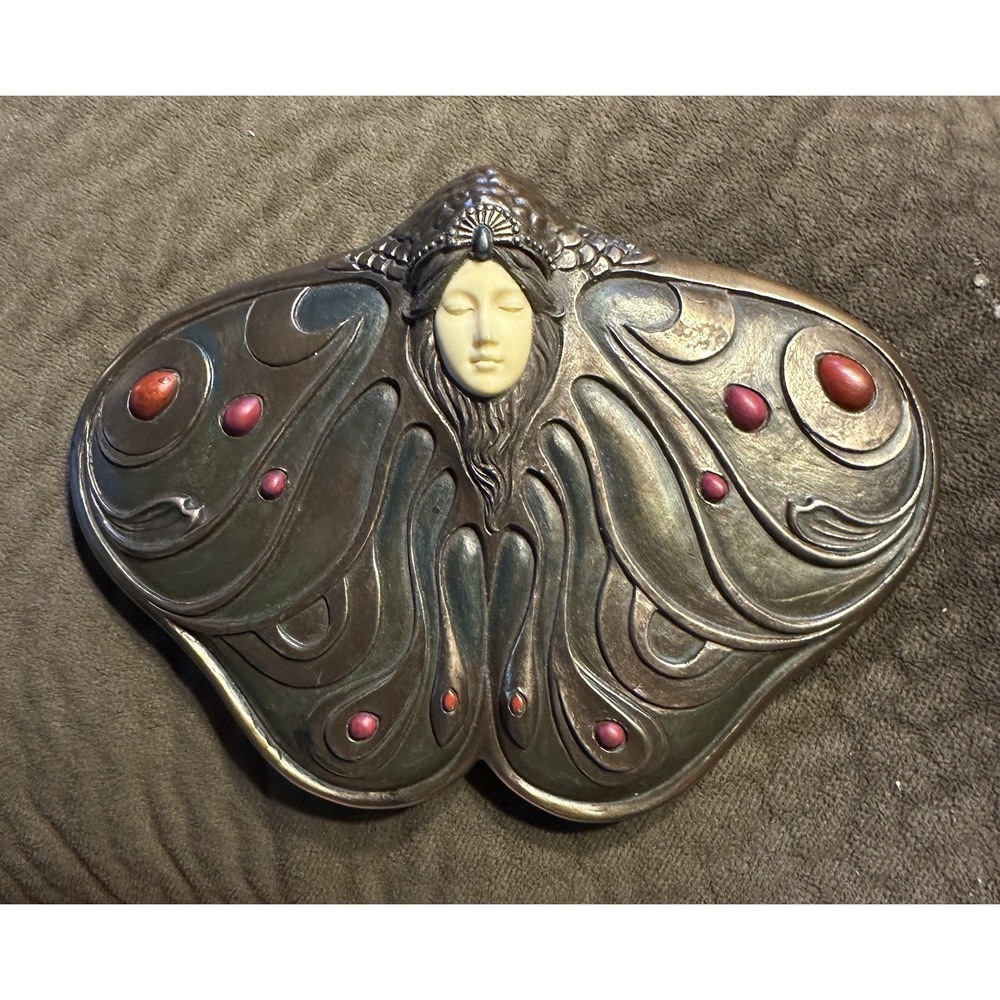 Art Nouveau Bronze Princess Butterfly Jewelry Trinket Box Lid w/ Cameo Face  ***